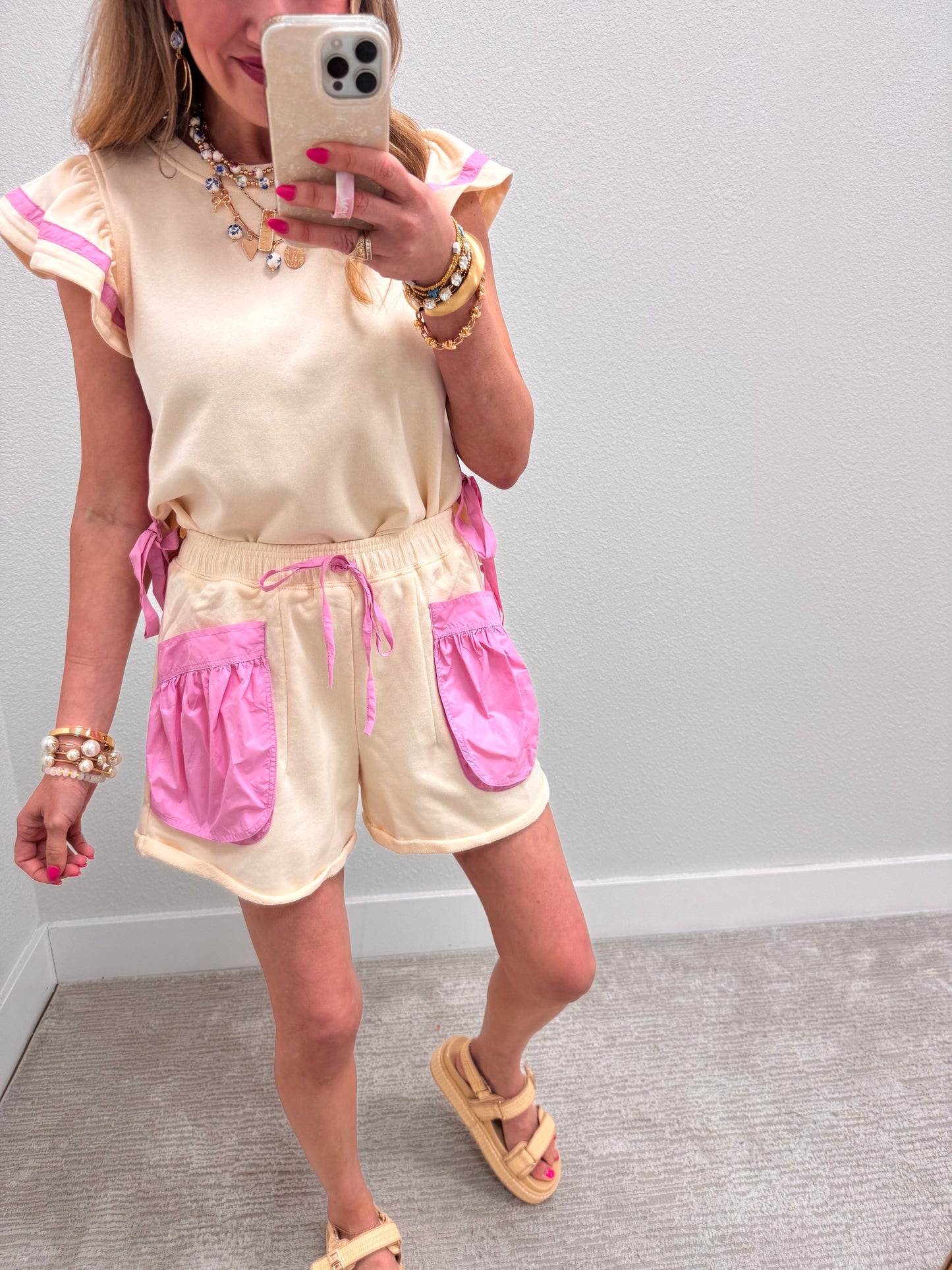 Cream and Pink Side Bow Two Piece Short Set