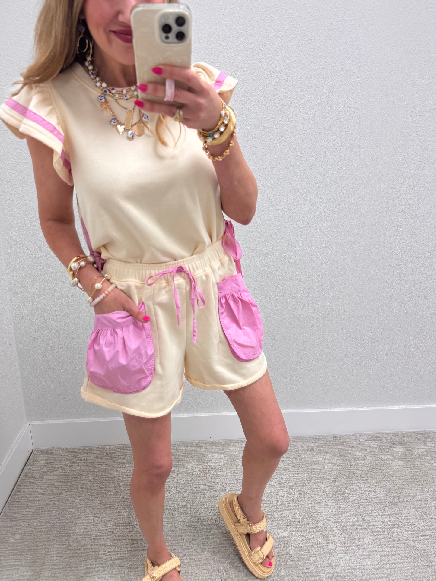 Cream and Pink Side Bow Two Piece Short Set