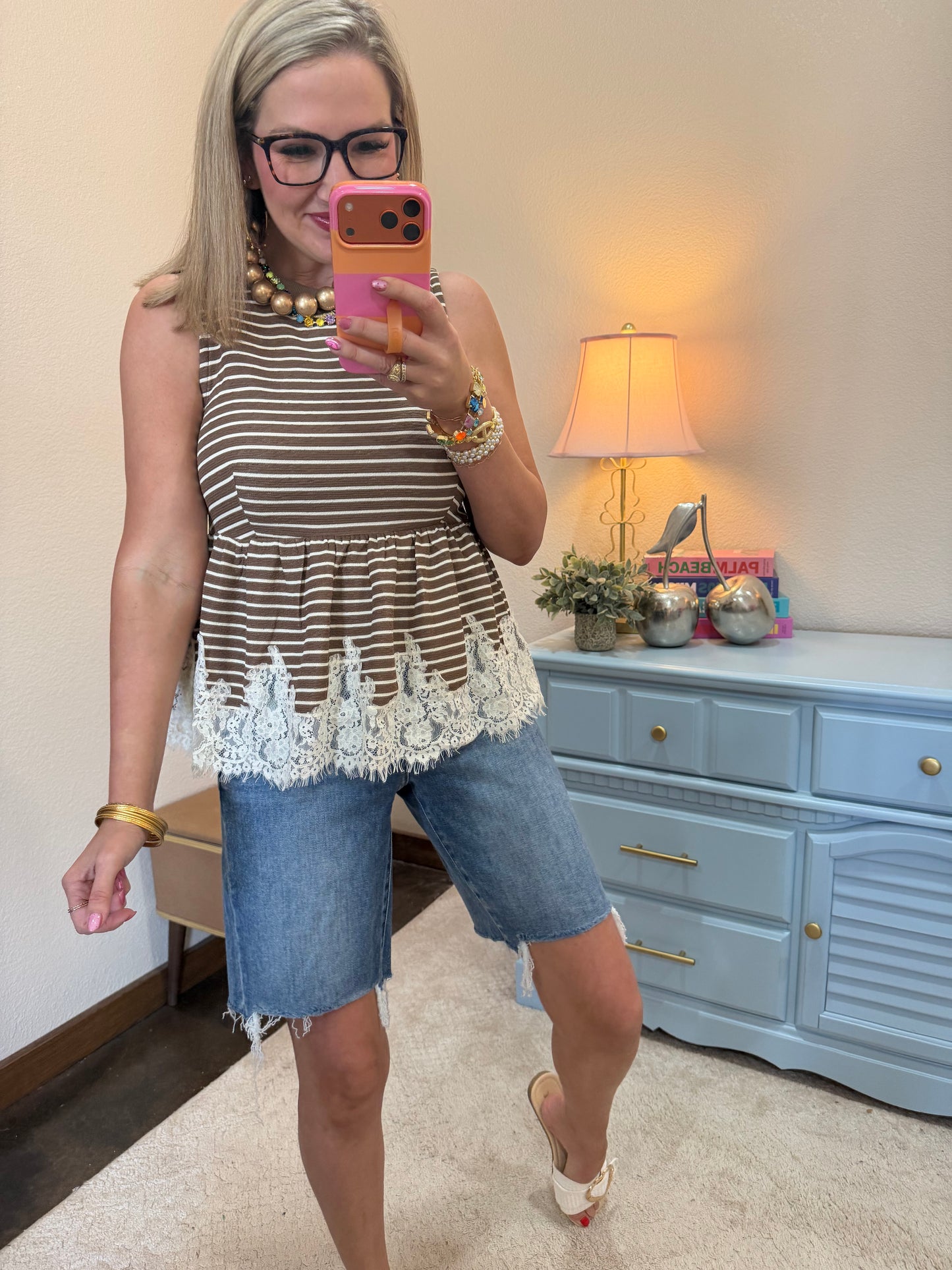 Brown & Cream Strip Tank With Lace Bottom Top