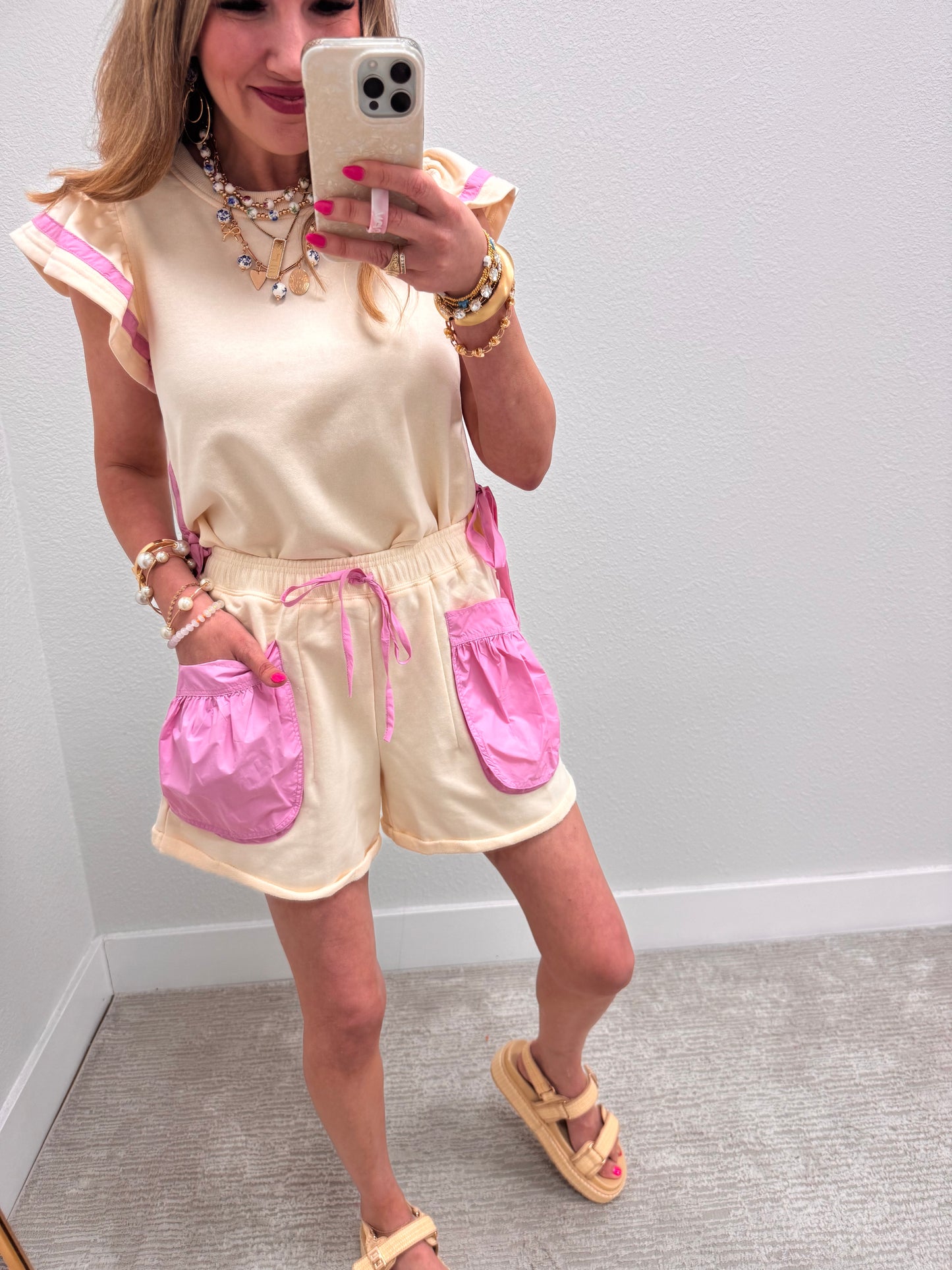 Cream and Pink Side Bow Two Piece Short Set