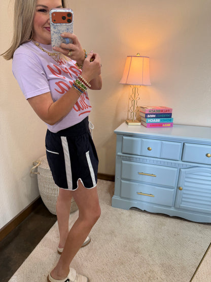 Navy & White Elastic Waist Athletic Shorts