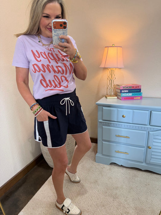 Navy & White Elastic Waist Athletic Shorts