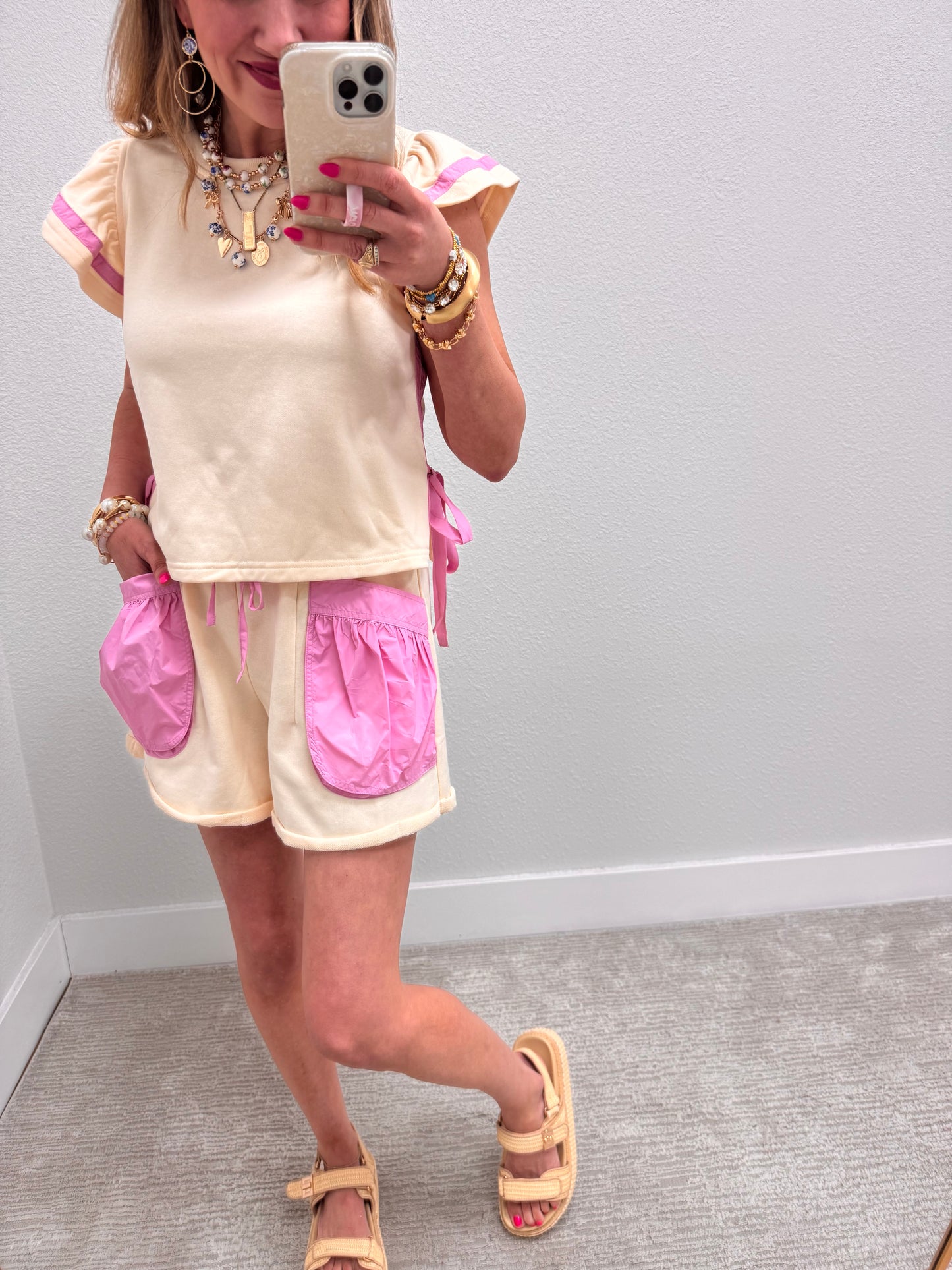 Cream and Pink Side Bow Two Piece Short Set