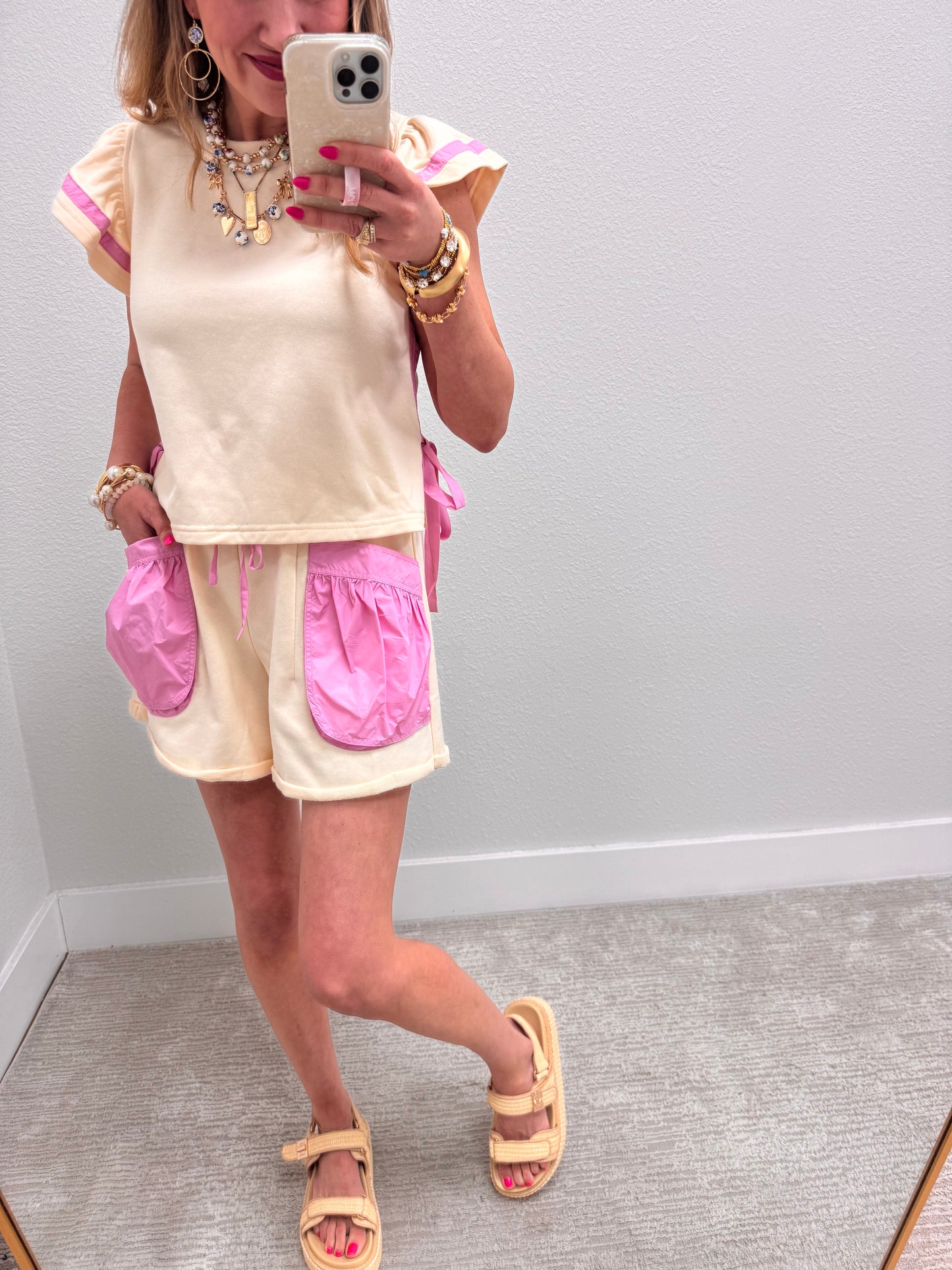 Cream and Pink Side Bow Two Piece Short Set