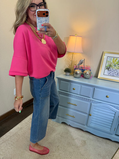 Fuchsia Round Neck Scuba With Side Slits