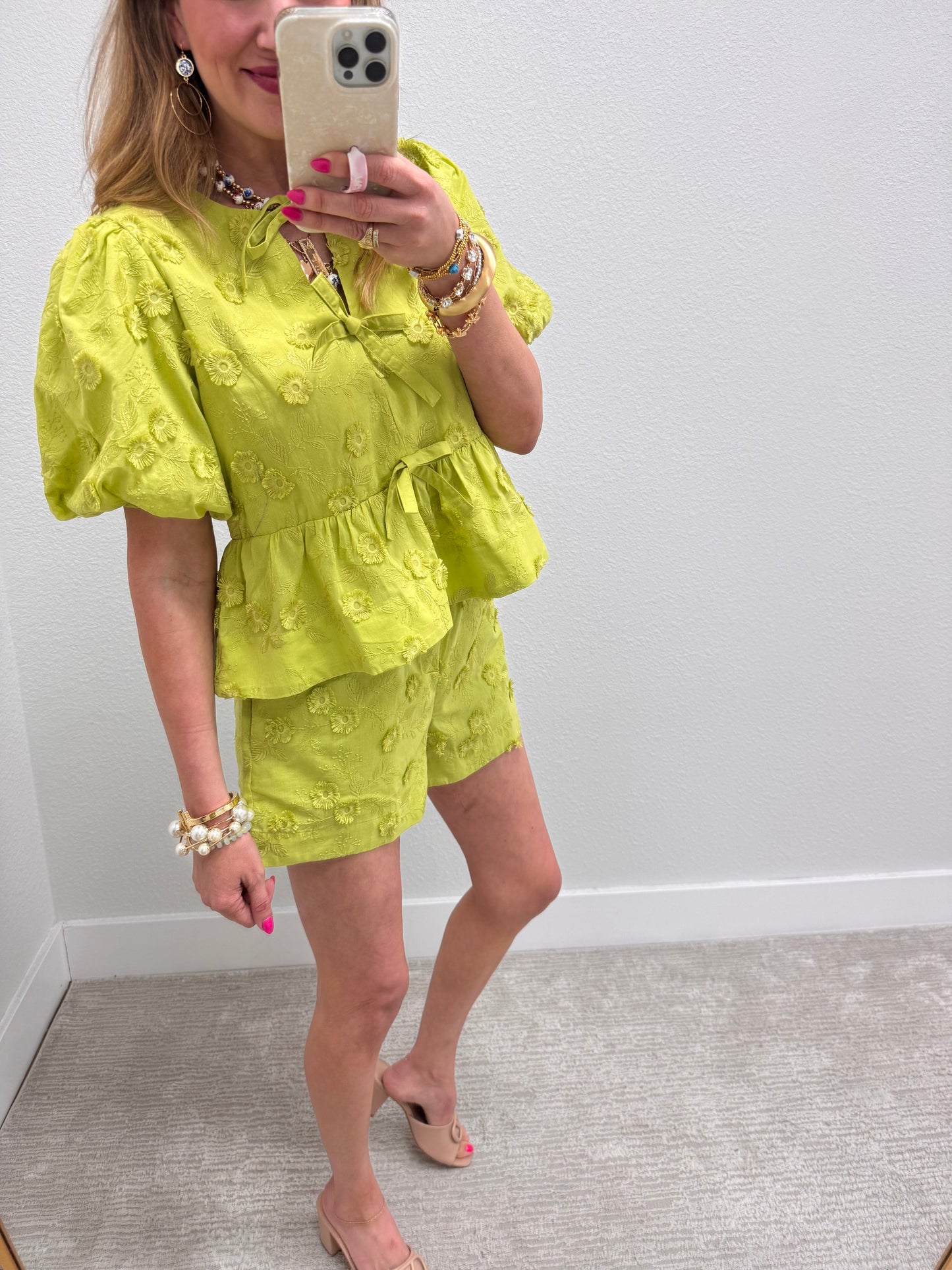 Apple Green Embordered Puff Sleeve Short Set