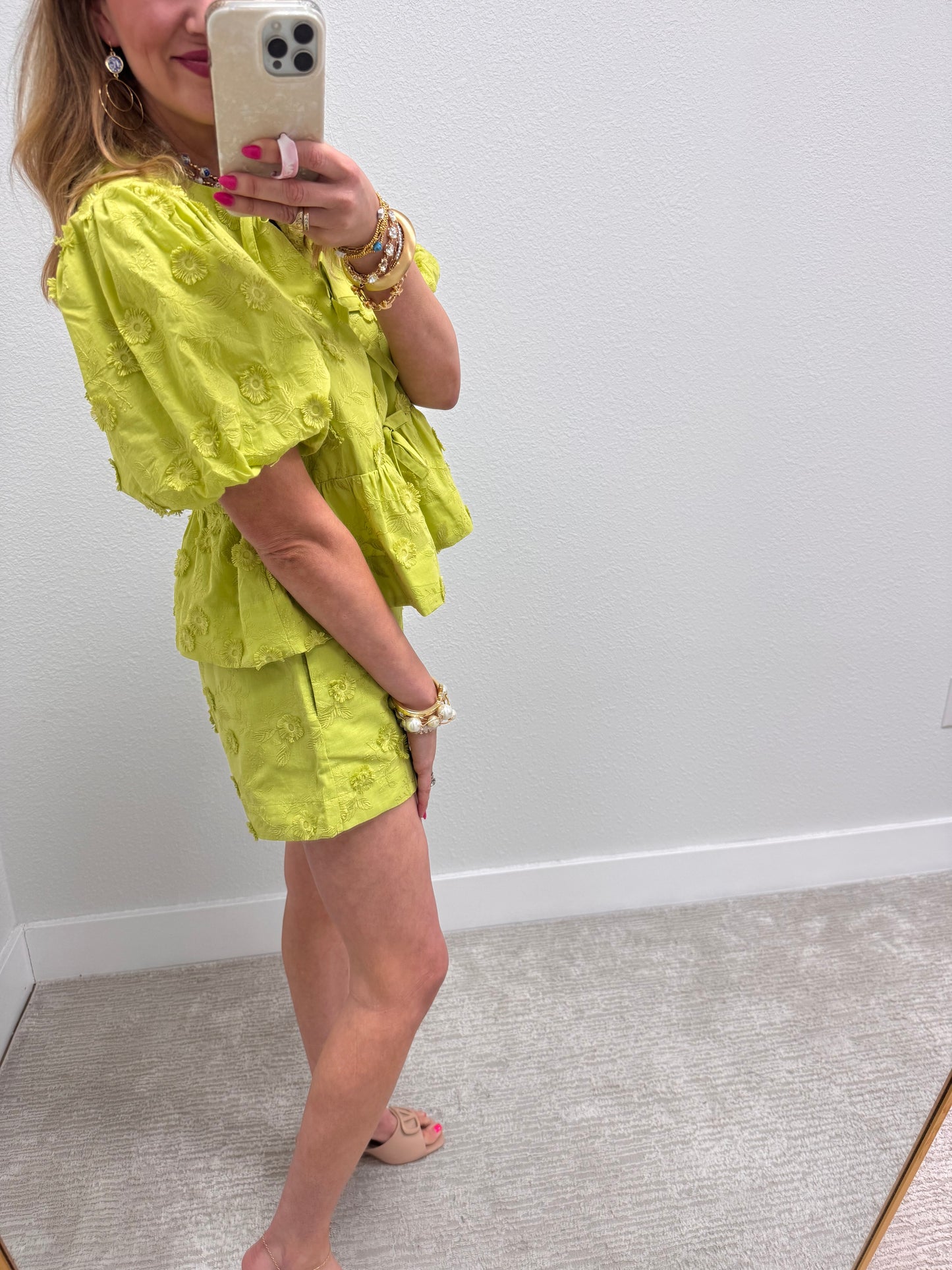 Apple Green Embordered Puff Sleeve Short Set