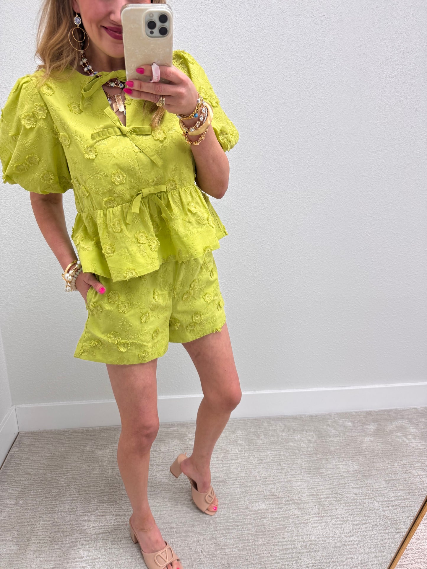 Apple Green Embordered Puff Sleeve Short Set