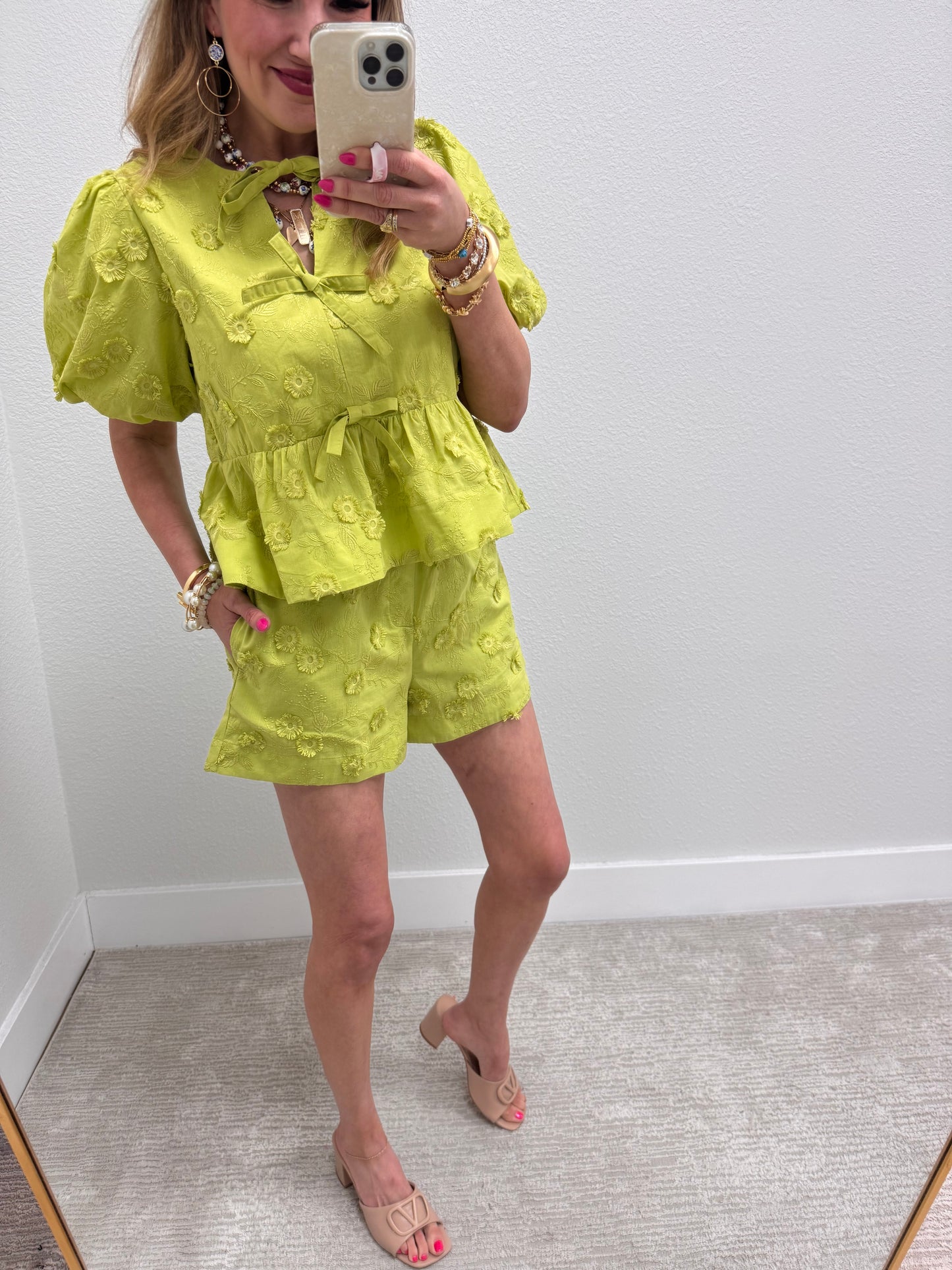 Apple Green Embordered Puff Sleeve Short Set