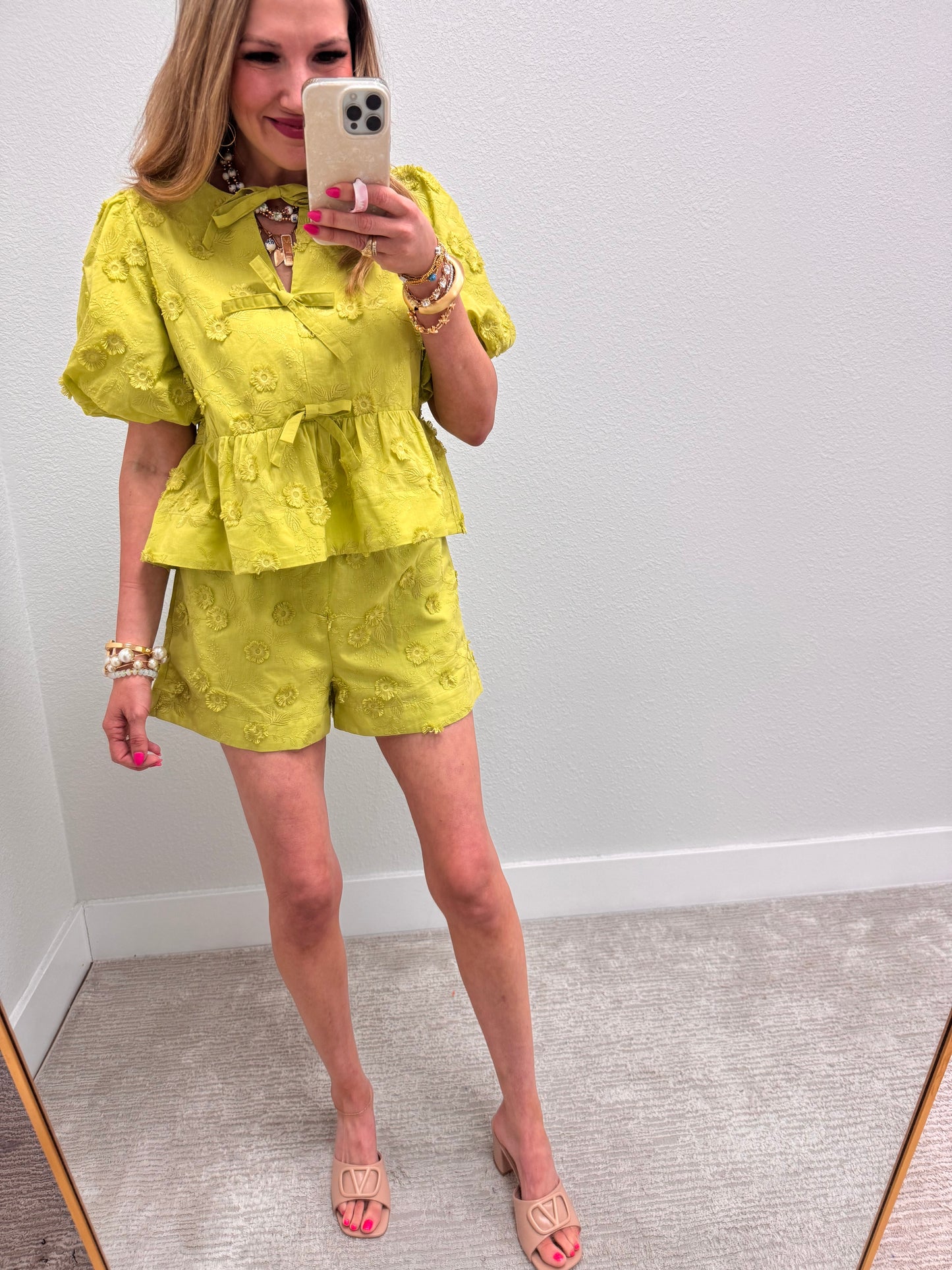 Apple Green Embordered Puff Sleeve Short Set