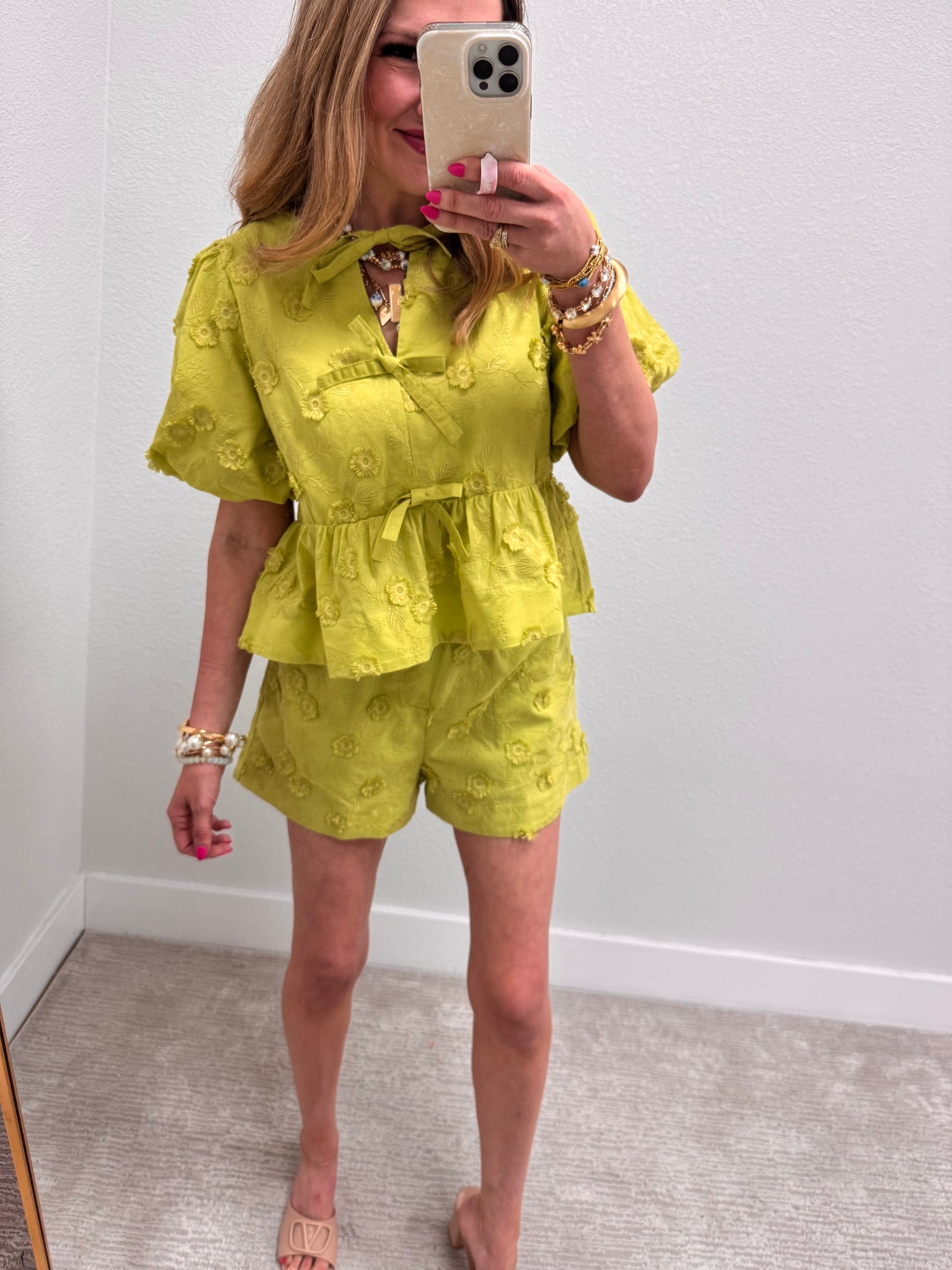 Apple Green Embordered Puff Sleeve Short Set