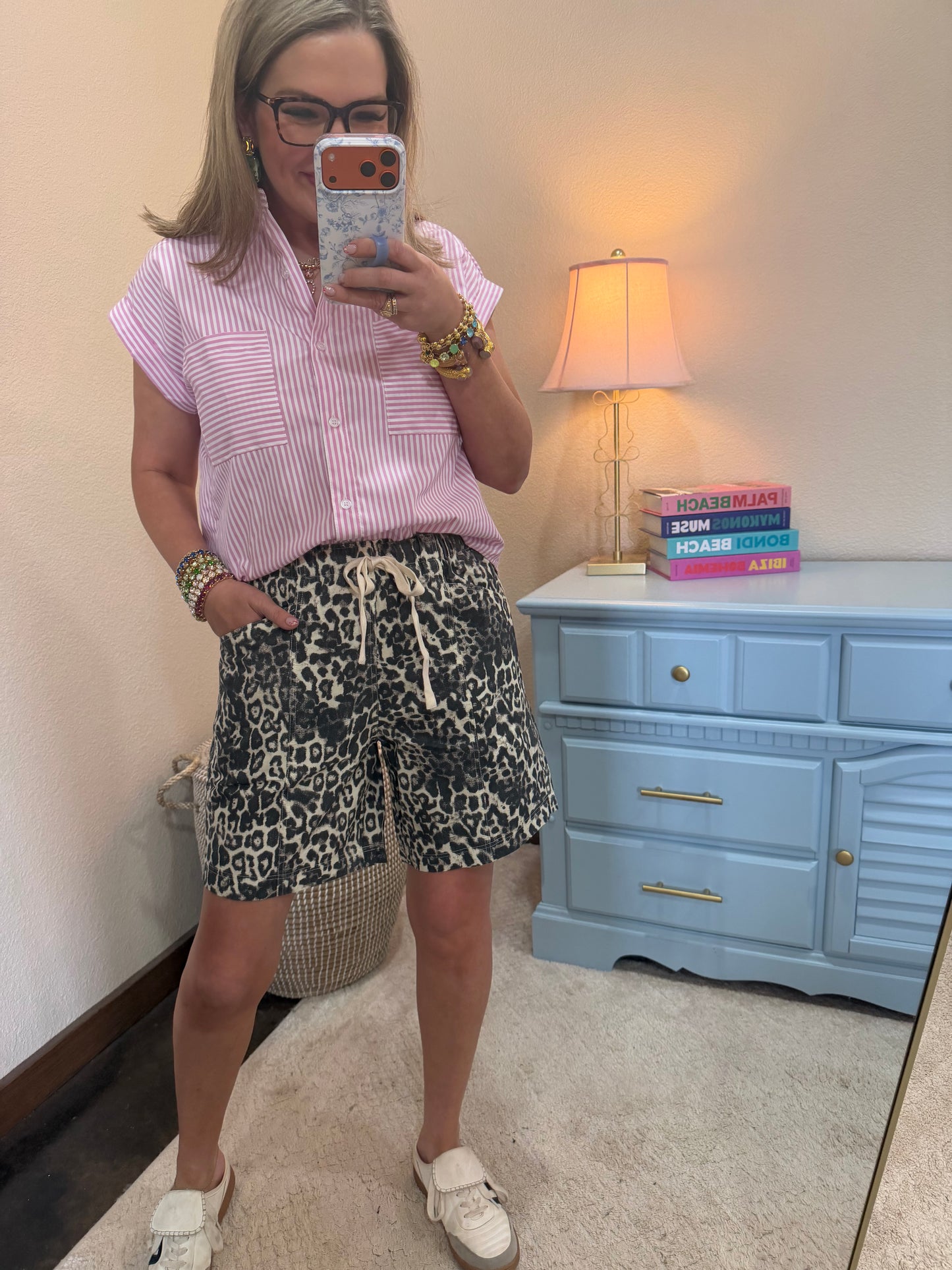 White Leopard Printed Drawstring Shorts FS