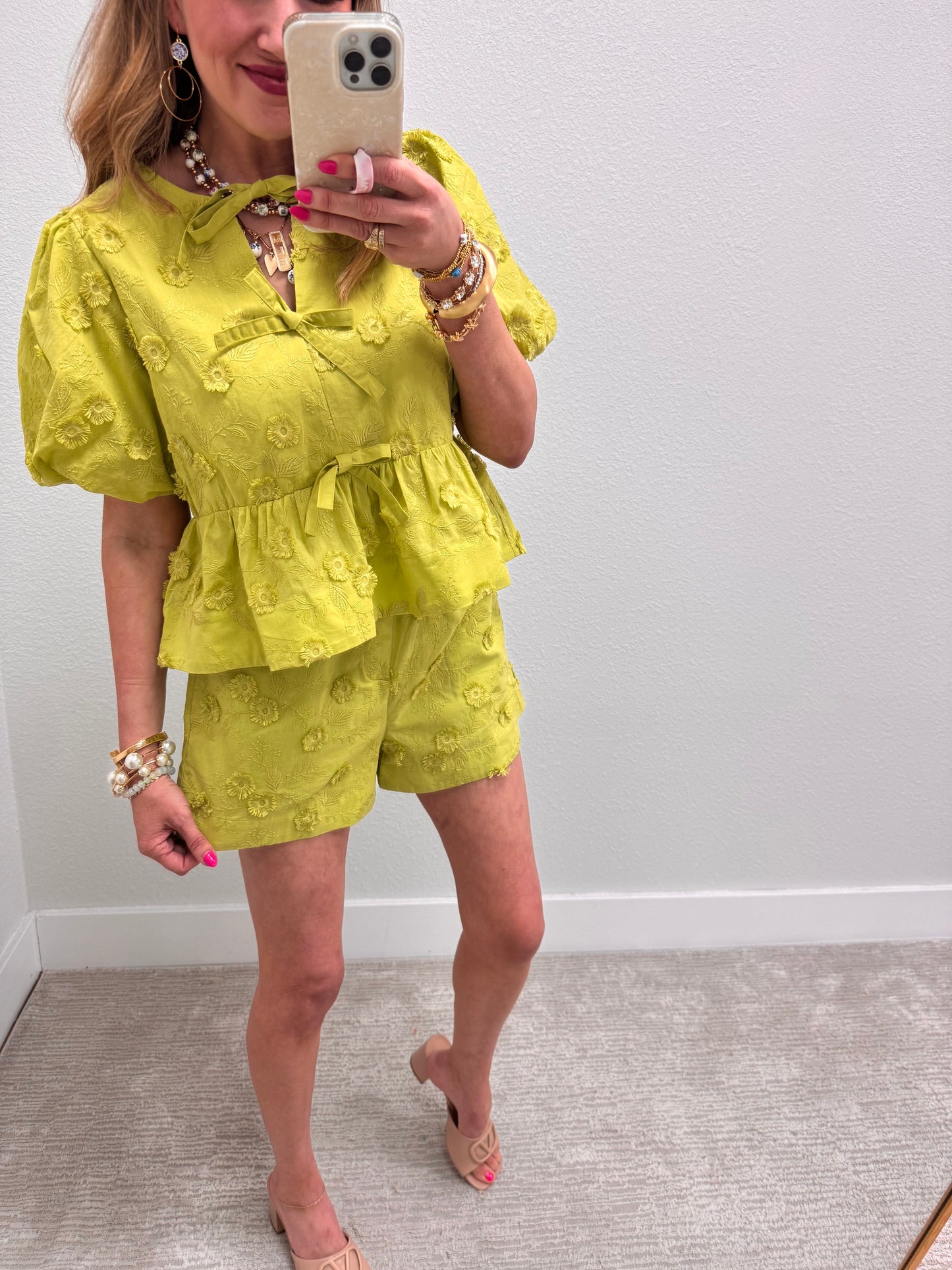 Apple Green Embordered Puff Sleeve Short Set