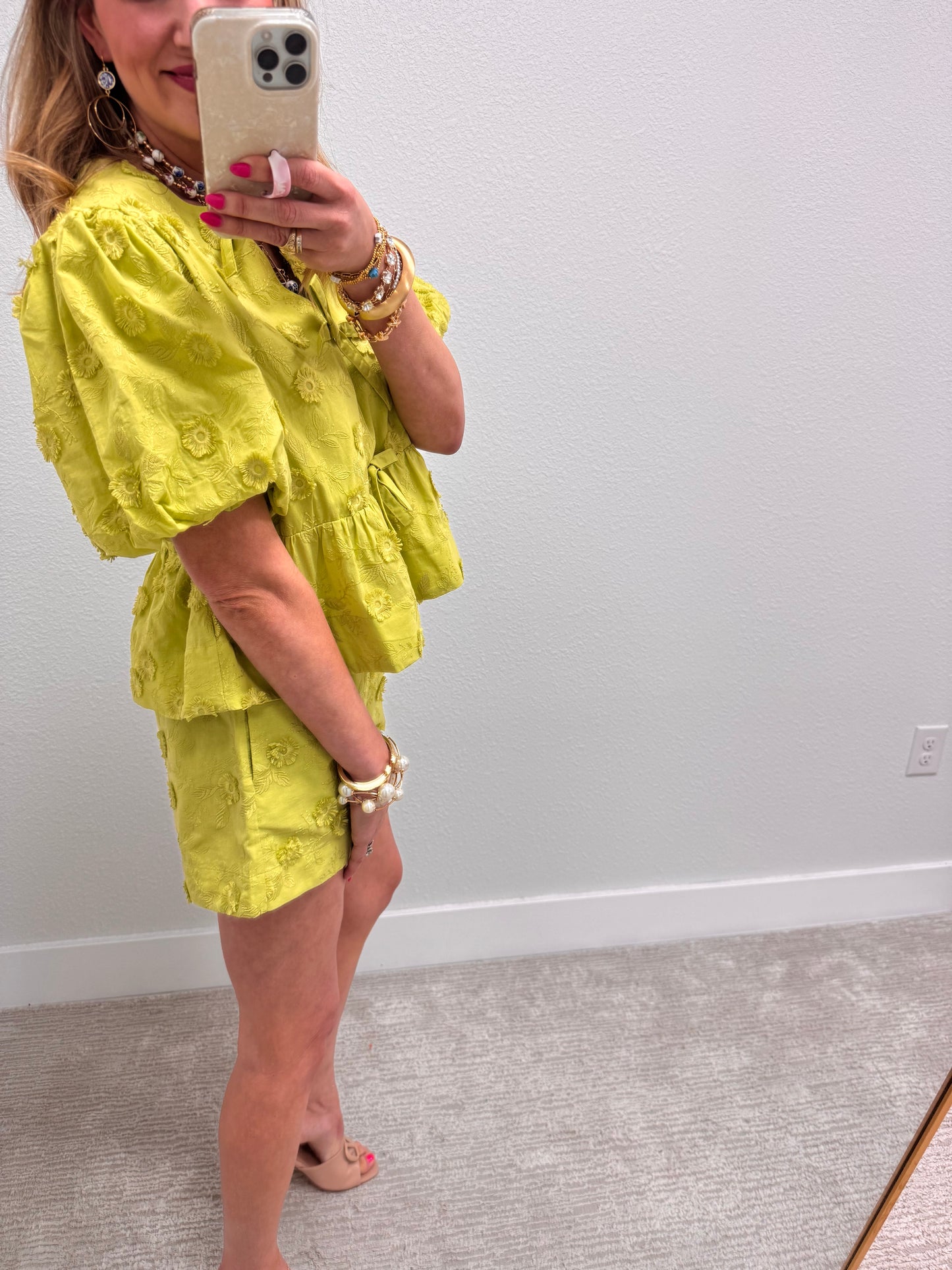 Apple Green Embordered Puff Sleeve Short Set