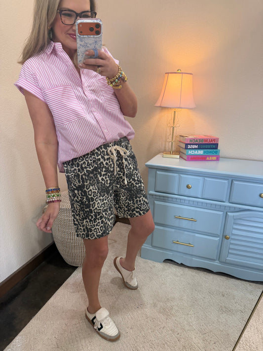 White Leopard Printed Drawstring Shorts