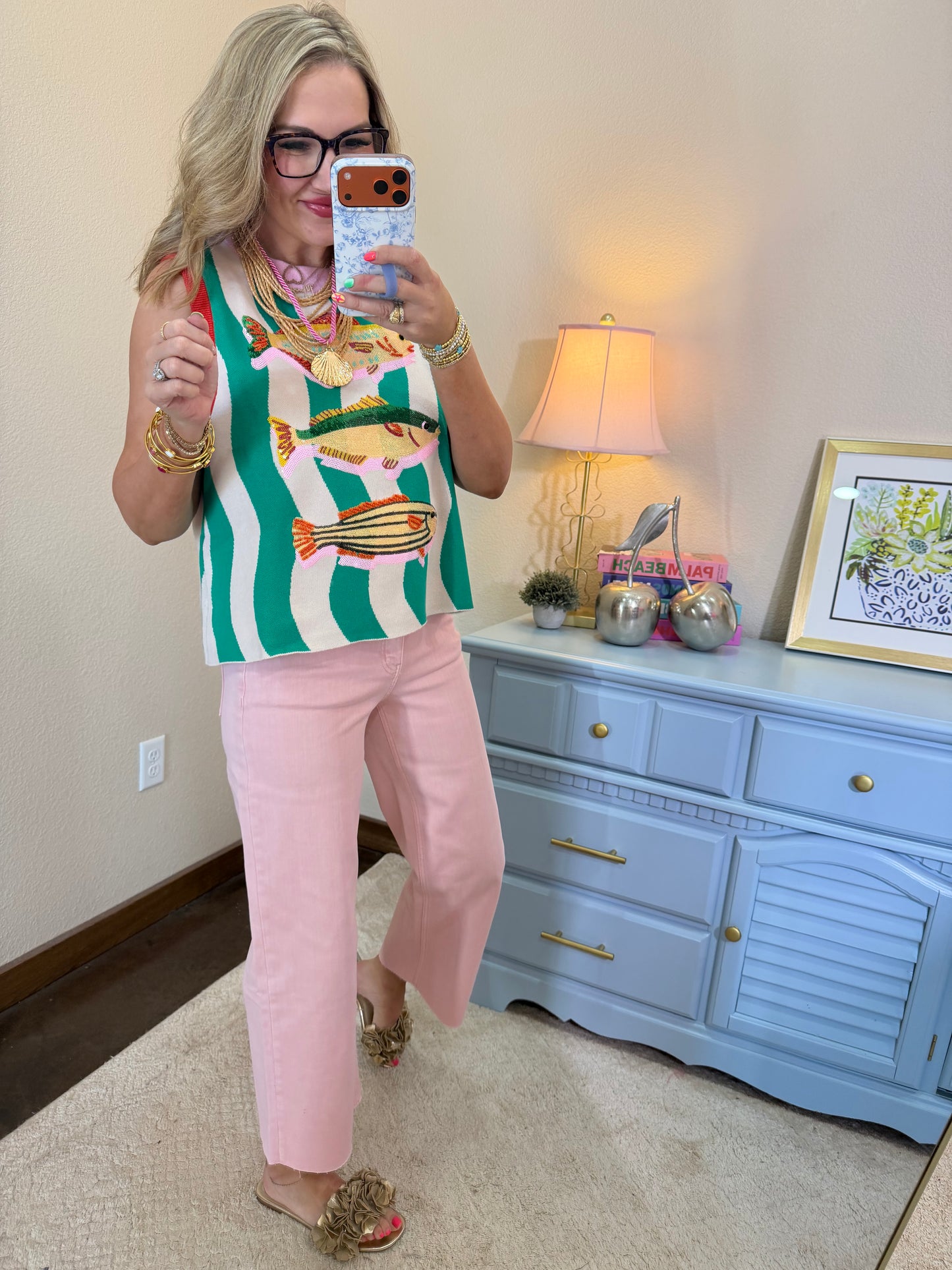 Queen Of Sparkles Teal Multi Trim Fish Knit Tank