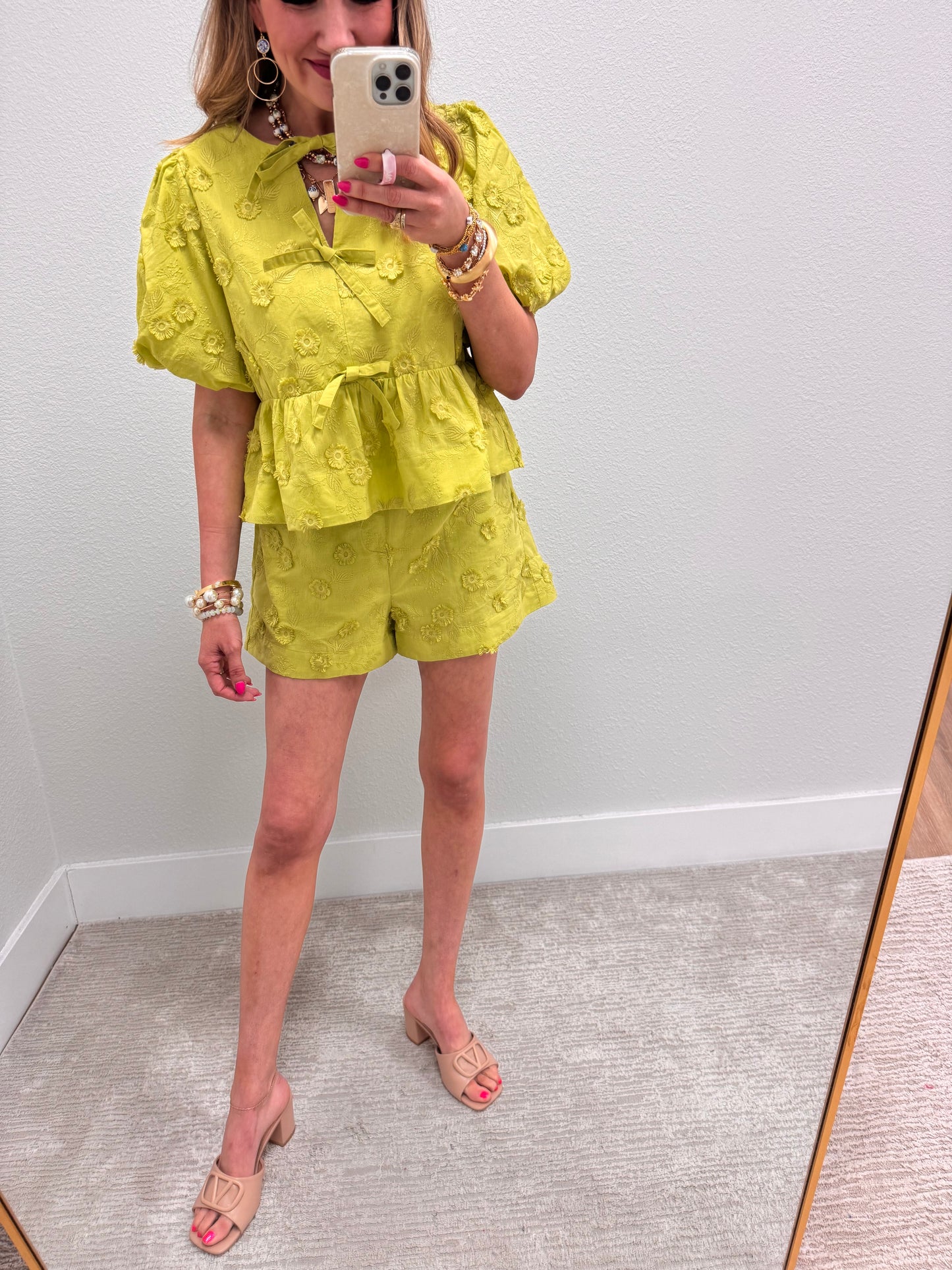 Apple Green Embordered Puff Sleeve Short Set