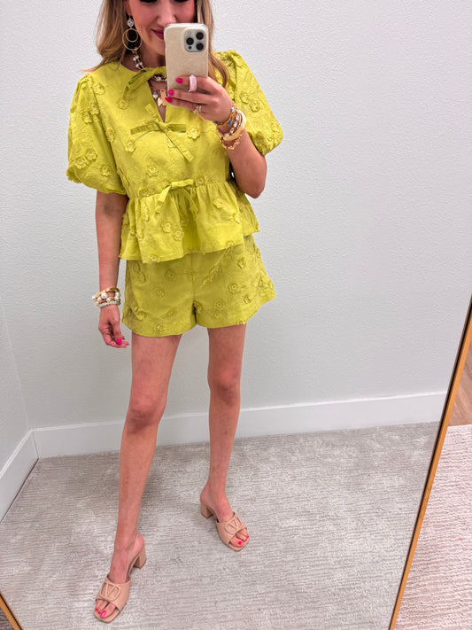 Apple Green Embordered Puff Sleeve Short Set