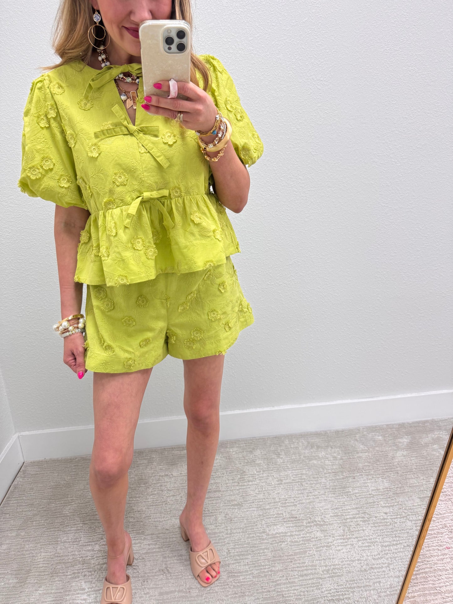 Apple Green Embordered Puff Sleeve Short Set