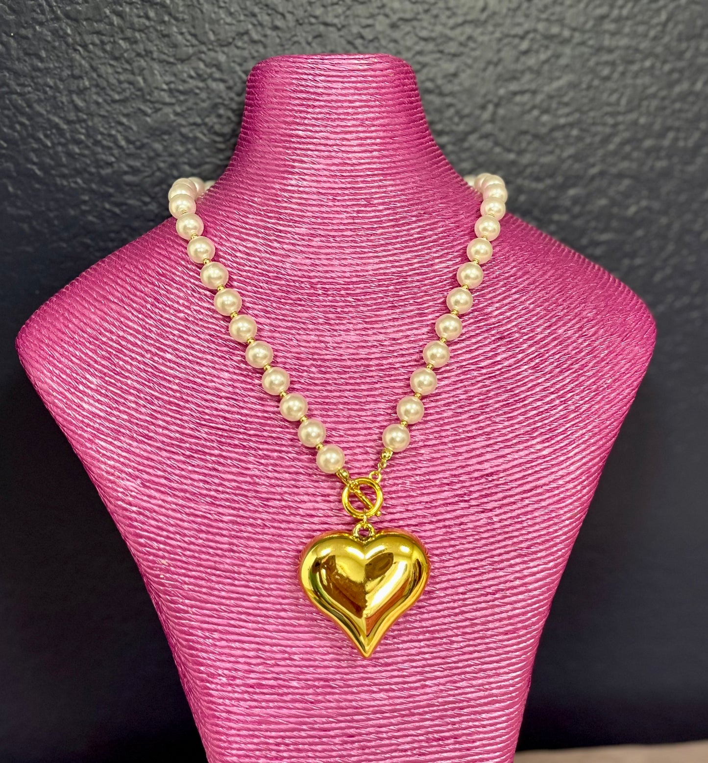 Large Pearl Bead Necklace with Gold Puff Heart