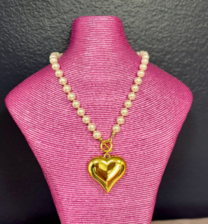 Large Pearl Bead Necklace with Gold Puff Heart FS