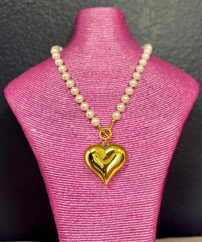 Large Pearl Bead Necklace with Gold Puff Heart FS