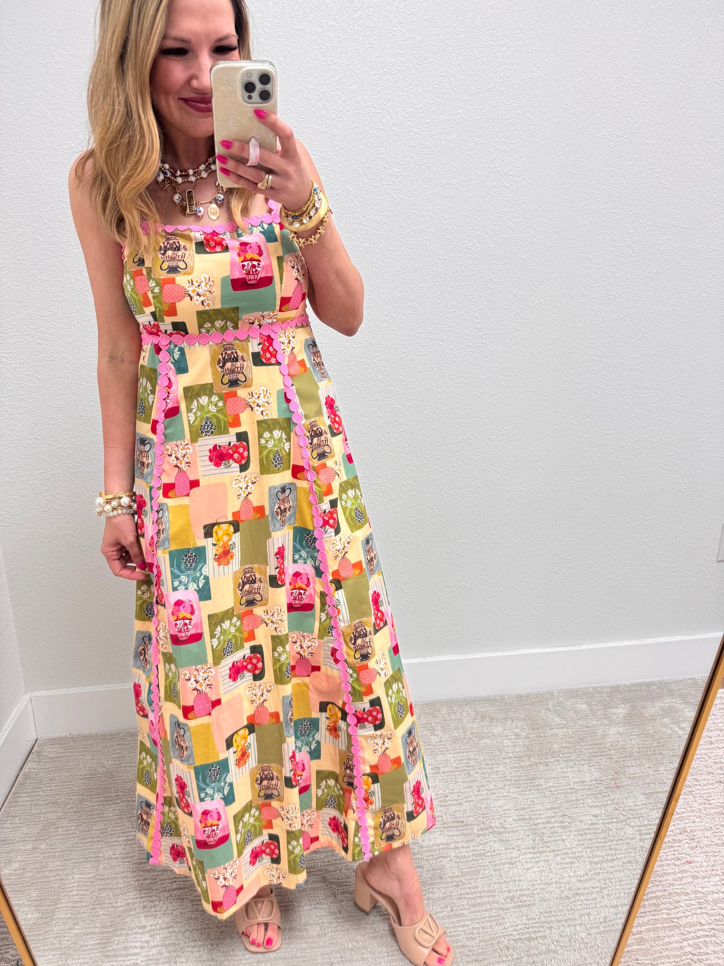 Patterned Maxi Dress with Pink Detail