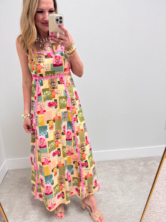 Patterned Maxi Dress with Pink Detail
