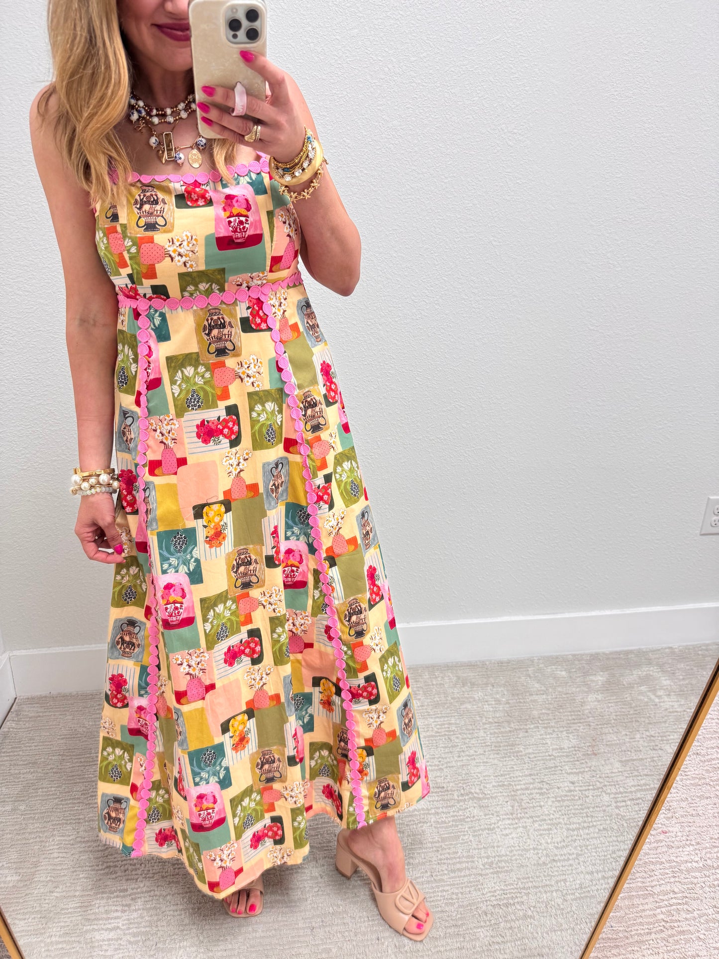 Patterned Maxi Dress with Pink Detail