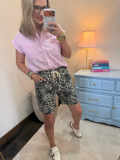 White Leopard Printed Drawstring Shorts FS