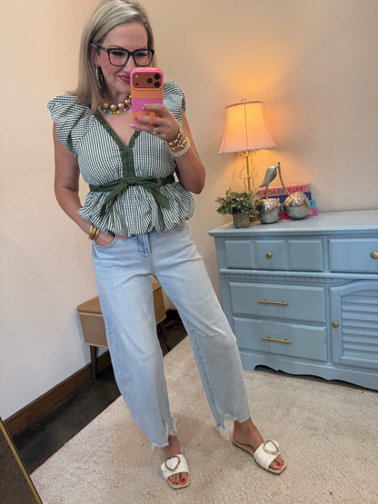Olive & White V Neck Front Tie Blouse