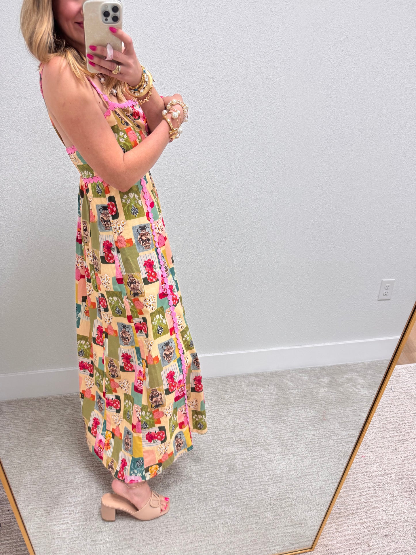 Patterned Maxi Dress with Pink Detail