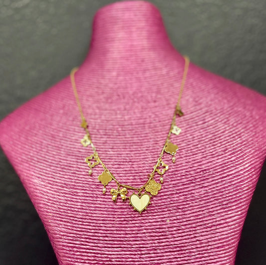 Clover & Heart Charm Necklace with Pear Inlay