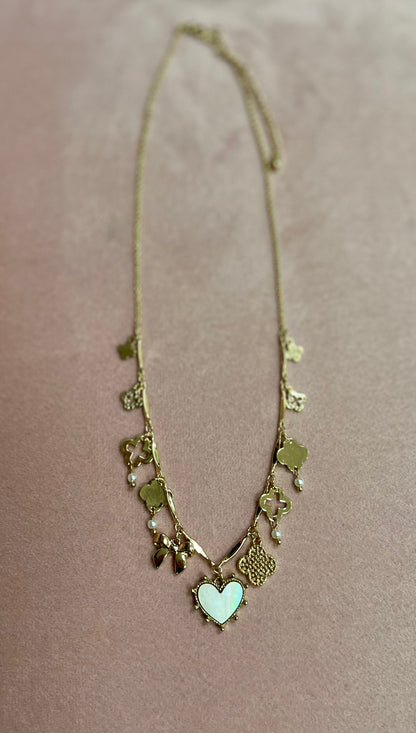 Clover & Heart Charm Necklace with Pear Inlay