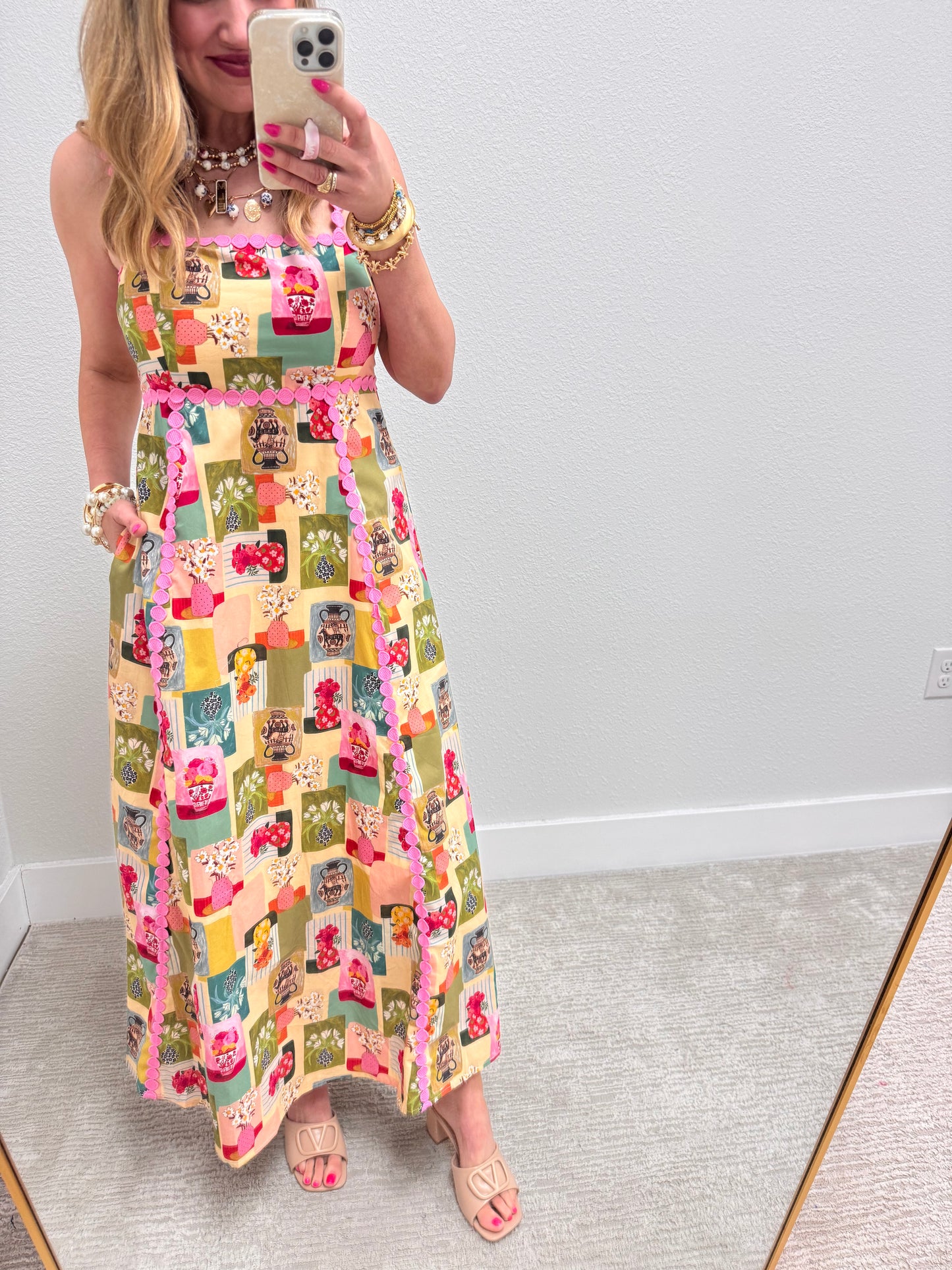 Patterned Maxi Dress with Pink Detail