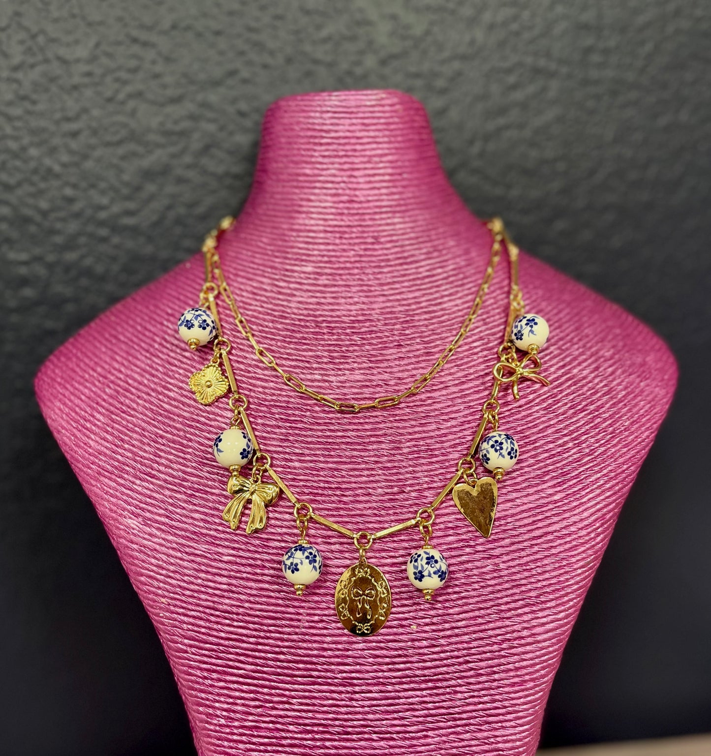 Charm Necklace with Blue & White Beads