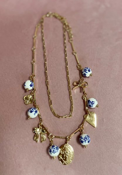 Charm Necklace with Blue & White Beads