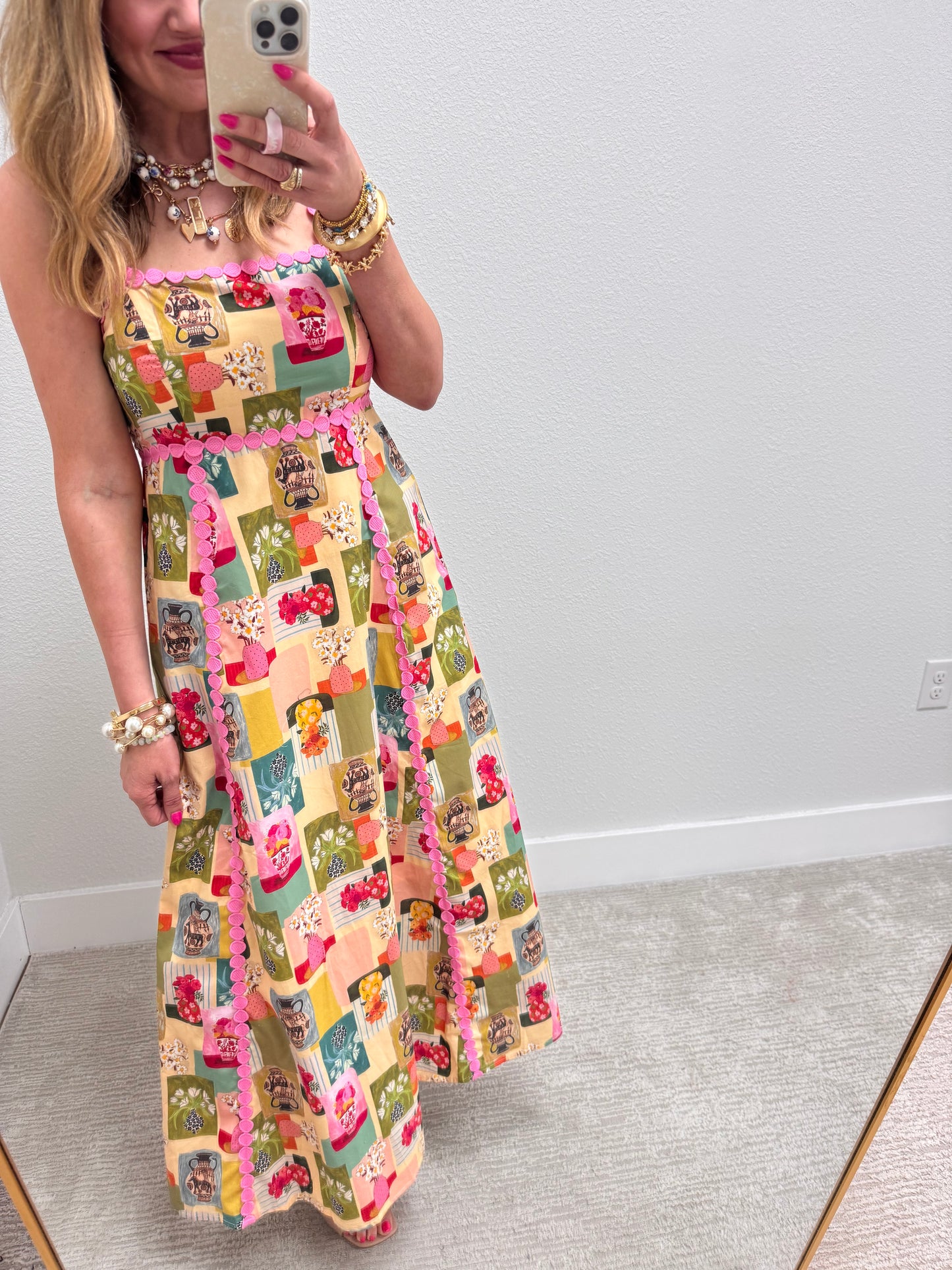 Patterned Maxi Dress with Pink Detail