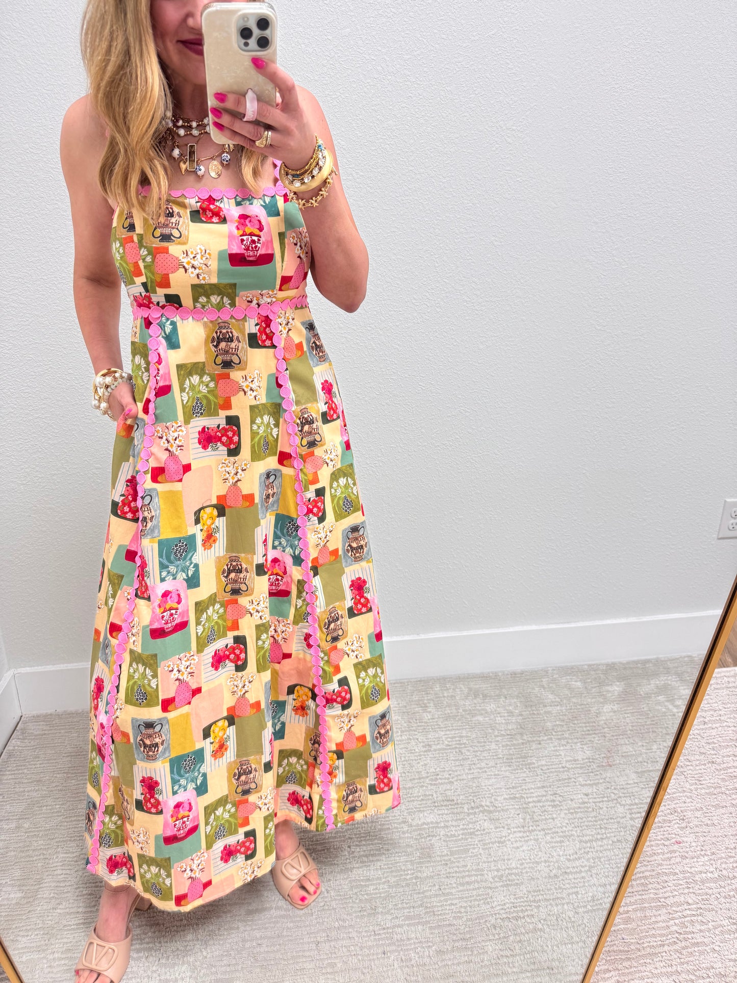Patterned Maxi Dress with Pink Detail
