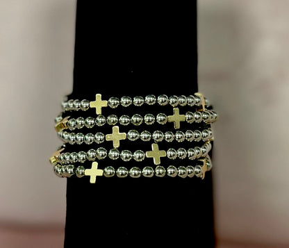 Set of 5- Silver with Gold Cross Bracelet