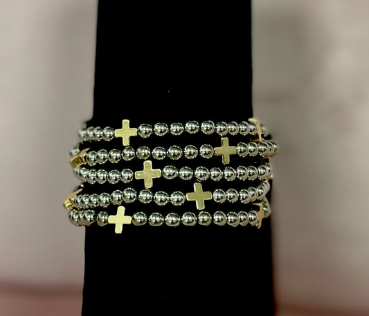 Set of 5- Silver with Gold Cross Bracelet