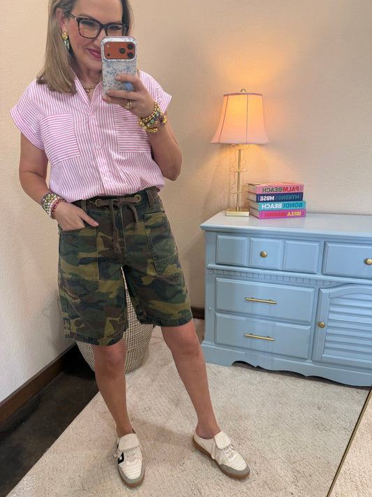 Risen Camo Print & Eyelet Waistband Slouchy Jorts