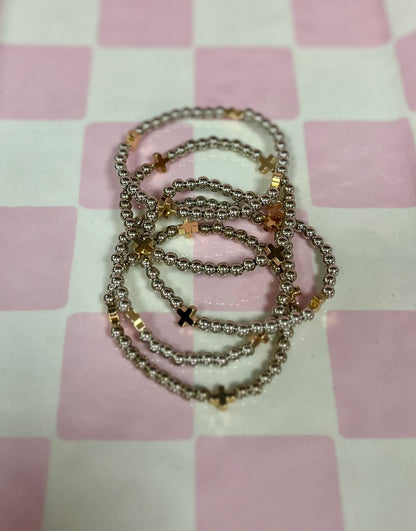 Set of 5- Silver with Gold Cross Bracelet