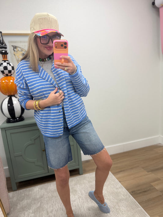 Blue Button Down Stripe Sweater