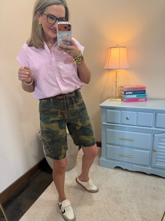 Risen Camo Print & Eyelet Waistband Slouchy Jorts