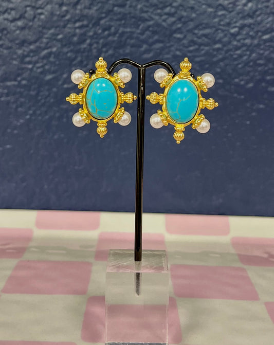 Oval Turquoise and Pearl Gold Studs