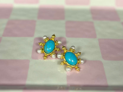 Oval Turquoise and Pearl Gold Studs