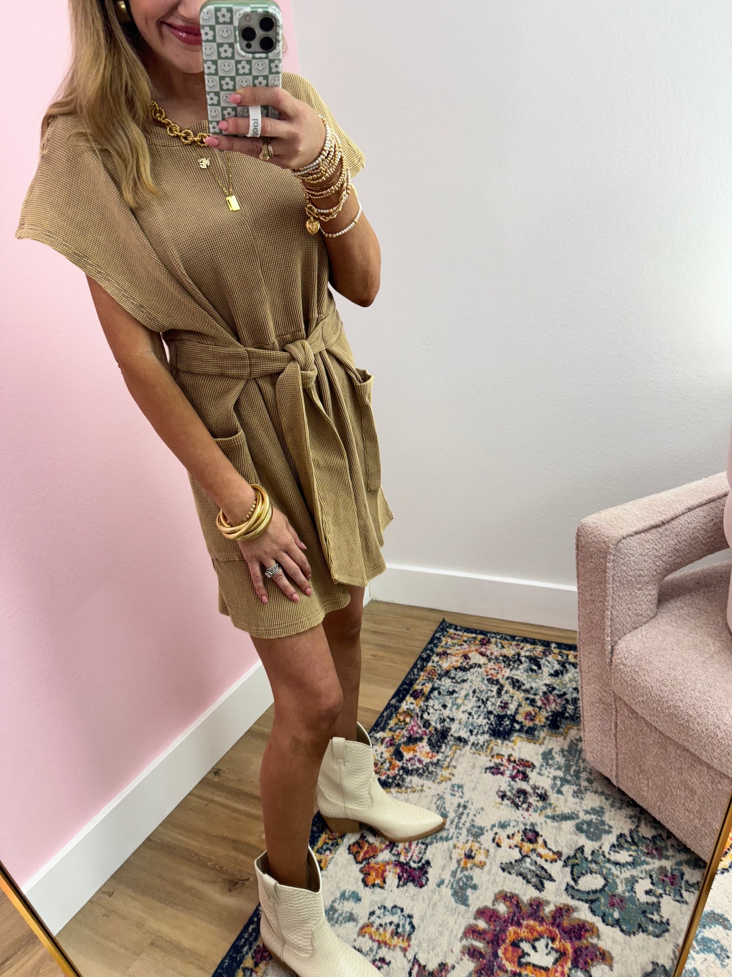 Acid Washed Mocha Waffle Knit Romper
