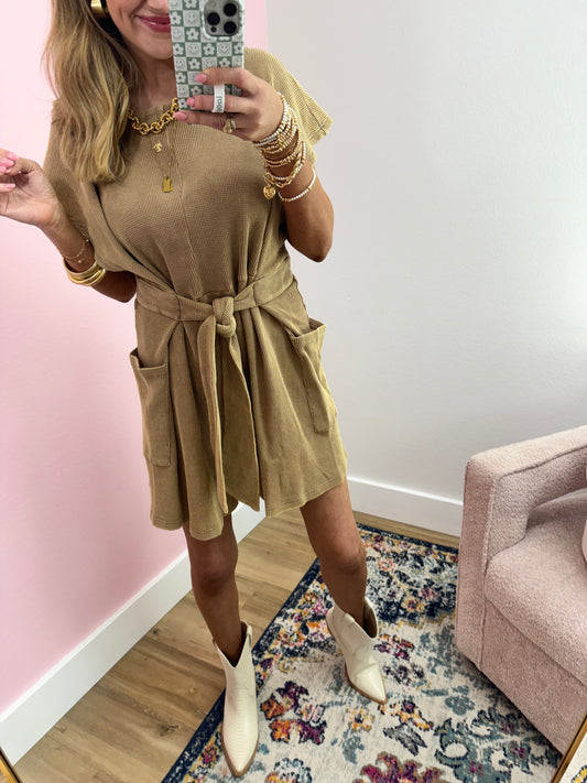 Acid Washed Mocha Waffle Knit Romper