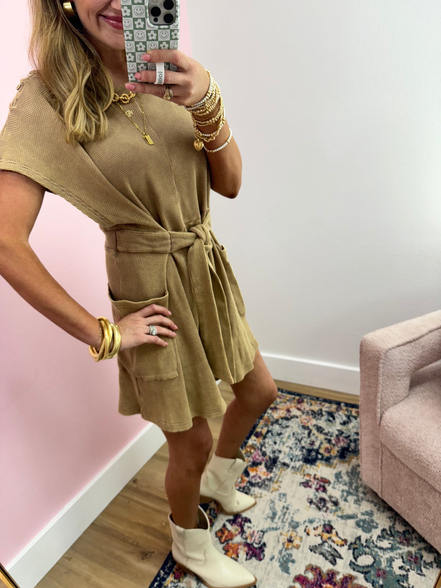 Acid Washed Mocha Waffle Knit Romper